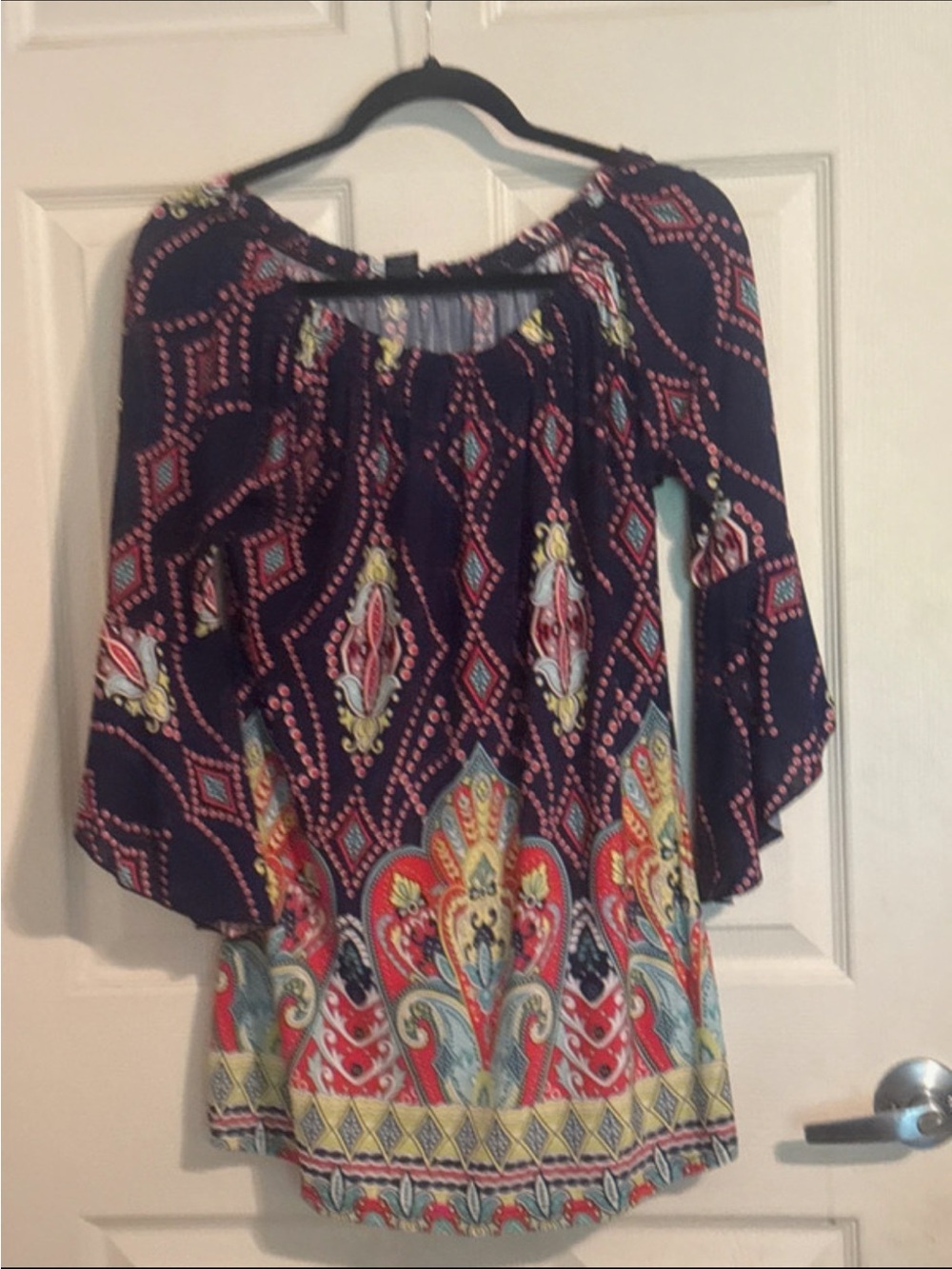 WinWin Navy Boho Off-Shoulder Tunic with Multicolor Paisley Print